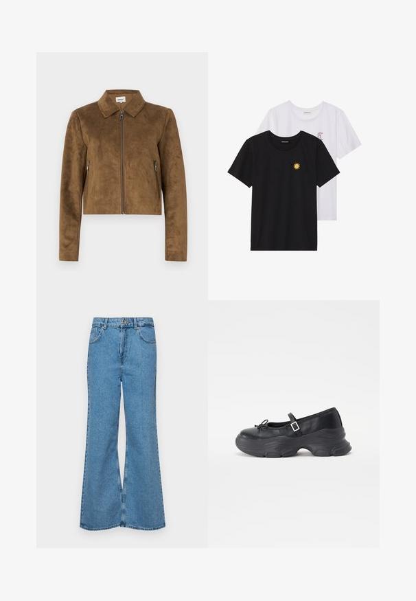 Brown suede cropped jacket with a collared neck, front zipper closure, and side zip pockets. Smooth texture and tailored fit.; Black and white T-shirts, round neck, short sleeves. Black shirt features yellow sun embroidery; white has purple crescent moon accent.; Light blue flared jeans made of denim, featuring a high waist, five pockets, and a single button closure. Soft texture with faded finish.; Black leather Mary Jane shoe with a rounded toe, bow detail, and an adjustable ankle strap. Features a chunky rubber sole with curved accents.