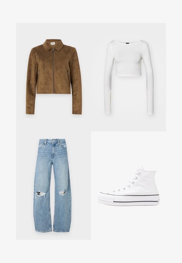 Veste courte en daim marron avec col, fermeture éclair sur le devant et poches zippées sur les côtés. Texture lisse et coupe ajustée.; Gina Tricot SOFT TOUCH CROPPED TOP - T-shirt à manches longues - pristine; Jeans en denim bleu clair à taille haute. Présentent des jambes larges, deux zones déchirées aux genoux et un style classique à cinq poches.; Baskets montantes en toile blanche avec semelle en caoutchouc noir, capuchon en caoutchouc à l'avant, et six œillets pour les lacets, présentant un design épuré et minimaliste.