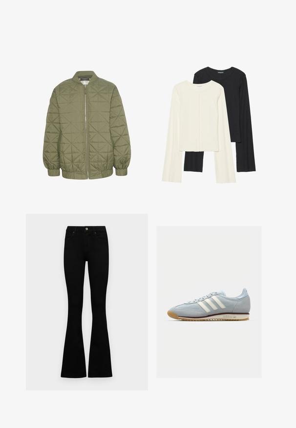 Quilted olive green jacket with a zip front, stand-up collar, and elasticized cuffs. Features a geometric pattern on the fabric.; Set of two long-sleeve tops in white and black. Ribbed texture, round neck, fitted design with slightly flared sleeves.; Black high-waist jeans with a button and zip closure, front pockets, and flared legs laid flat on a white background.; Light blue suede sneaker with white three stripes, rubber sole, and textured mesh. Features a smooth toe cap and branding on the heel.