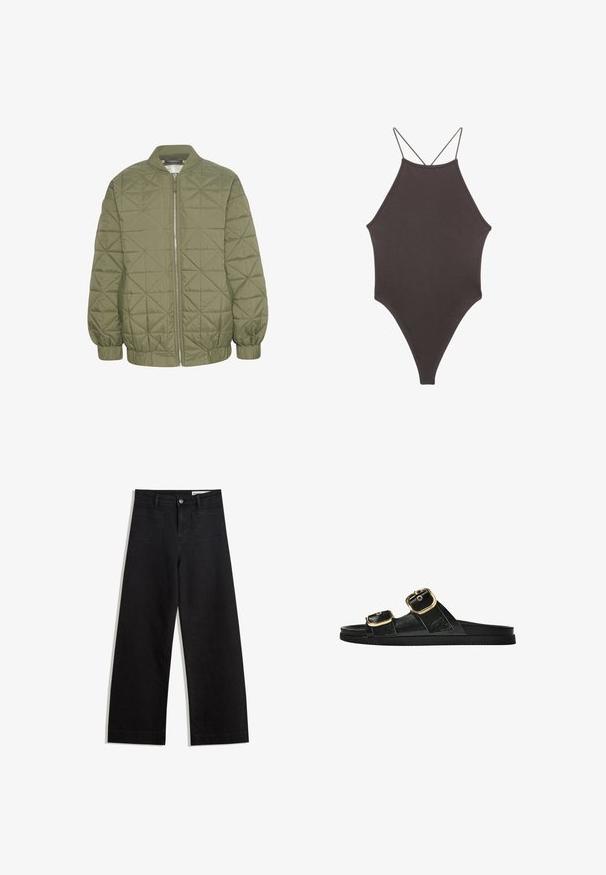 Prešívaná olivovo zelená bunda so zipsom vpredu, s vyvýšeným golierom a naťahovacími manžetami. Obsahuje geometrický vzor na látke.; Hnedé, vysoký krk jednodielne plavky s tenkými, nastaviteľnými ramienkami; s vysokým strihom na nohách a hladkým povrchom. Bez vzorov alebo ozdôb.; Čierne denimové nohavice s širokými nohavicami a vysokým pásom, so prednými a zadnými vreckami, šitými švami a zapínaním na gombík. Hladká textúra.; Čierne šľapky s dvoma zlatými prackami, hladký textúrovaný materiál, plochá podrážka a minimalistický dizajn.