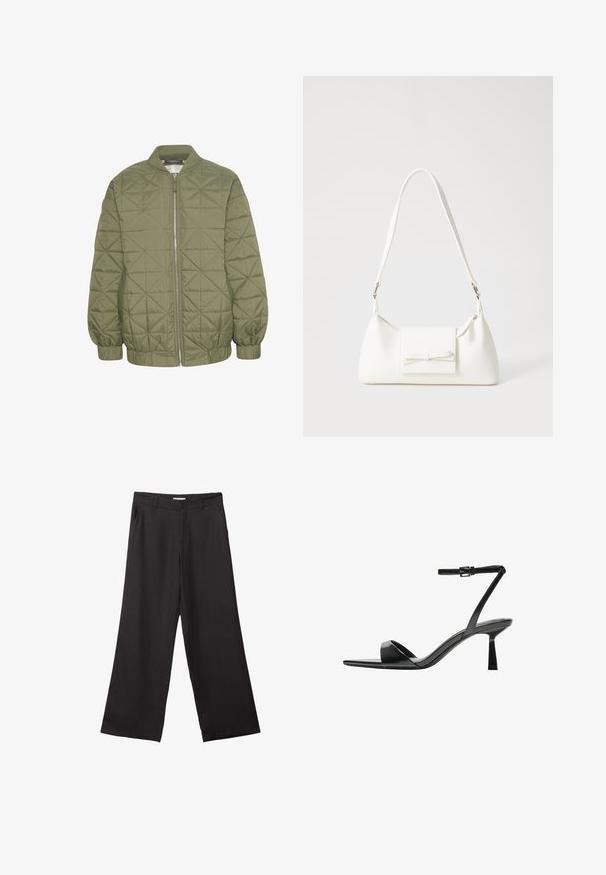 Vihreä vuoritakki, jossa on vetoketjukiinnitys, pystysuora kaulus ja kuminauhakujaa hihansuissa. Kankaassa on geometrinen kuvio.; Musta hihaton paita, joka on valmistettu puuvillasta, ja jossa on pyöreä kaula-aukko sekä leveät kainaloaukot. Silkkinen pinta ja ommellut reunat. Klassinen, minimalistinen muotoilu.; Mustat leveälahkeiset housut, jotka on valmistettu sileästä kankaasta. Niissä on edessä vetoketju ja kaksi sivutaskua, ja niiden muotoilu on räätälöity ja minimalistinen.; Bershka Korolliset sandaalit - black; Valkoinen synteettinen käsilaukku, jossa on kolmikulmainen muoto, tasainen etu läppä ja nauhadetail, säädettävä olkahihna, sileä rakenne ja minimalinen muotoilu.