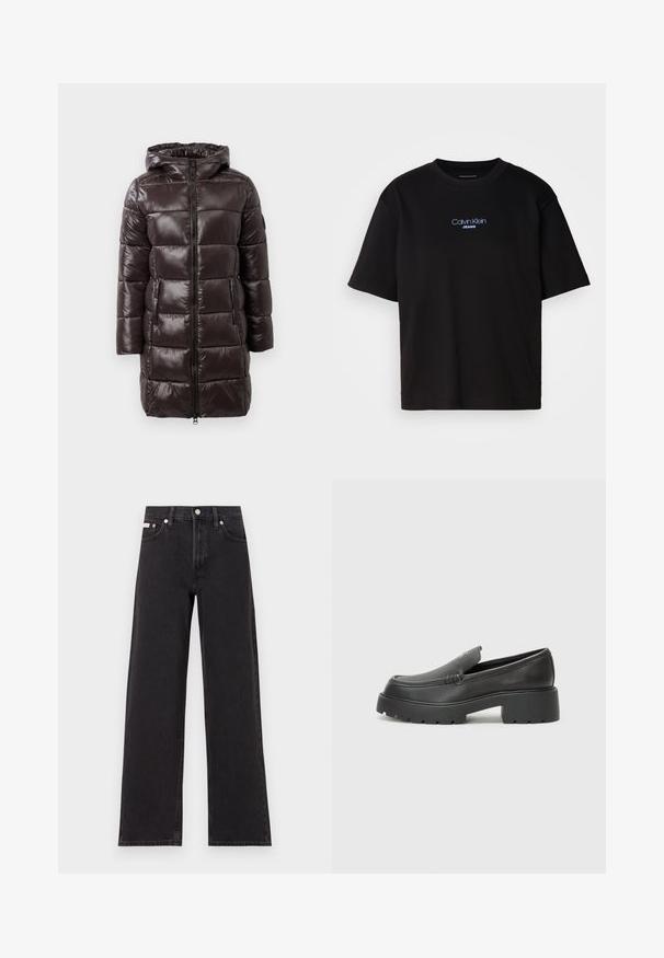 Brown puffer coat with a shiny finish, hood, zip front closure, and side pockets. Features horizontal quilted sections for insulation.; Black cotton t-shirt with a round neck, short sleeves, and blue embroidered "Calvin Klein JEANS" logo on the front.; Black wide-leg jeans made of denim, featuring a high-rise waist, five-pocket styling, and a metal button closure with contrasting stitching.; Black leather loafers with a rounded toe, thick textured sole, and minimal stitching details. Sleek design with no visible laces or hardware.