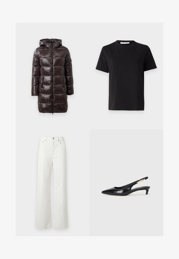 Casaco puffer castanho com um acabamento brilhante, capuz, fecho frontal com zipper e bolsos laterais. Apresenta secções acolchoadas horizontais para isolamento.; T-shirt preto de manga curta feito de algodão suave, com decote redondo, ajuste descontraído e uma textura suave. Sem padrões ou gráficos visíveis.; Samsøe Samsøe SHELLY - Calças de ganga de corte relaxado - clear cream; Saltos slingback em couro preto com bico fino, apresentando um salto esguio e um detalhe em tom dourado na alça ajustável. Textura suave.