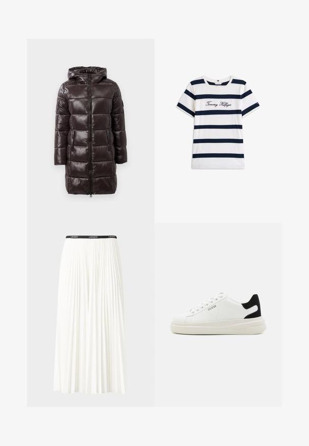 Cappotto imbottito marrone con finitura lucida, cappuccio, chiusura frontale con zip e tasche laterali. Presenta sezioni trapuntate orizzontali per isolamento.; T-shirt in cotone con righe orizzontali blu navy su sfondo bianco. "Tommy Hilfiger" ricamato in corsivo sul petto. Collo a giro.; Gonna bianca plissettata con elastico nero in vita che presenta il logo "LACOSTE". Design di lunghezza media con texture morbida.; Sneaker bianchi in pelle con suola spessa bianca, accento in suede nero sul tallone e logo impresso sul lato. Design con lacci e sei fori per i lacci.