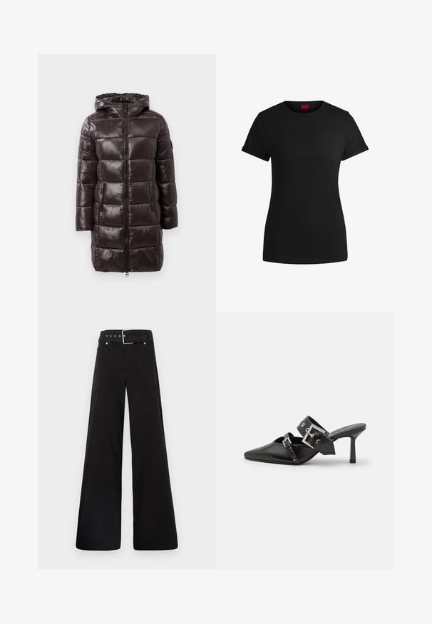 Palton umplut maro cu un finisaj lucios, glugă, închidere cu fermoar în față și buzunare laterale. Prezintă secțiuni quilted orizontale pentru izolație.; Tricou din bumbac negru, cu mâneci scurte și răsucite, decolteu rotund și etichetă roșie. Textură netedă, formă ajustată și detalii minime.; Pantaloni negri cu croială largă, confecționați din bumbac, cu talie înaltă, buzunare laterale mari și talie prevăzută cu brâu cu accente din metal argintiu.; Mulele negre cu toc înalt, cu vârful ascuțit, fabricate din piele netedă. Dispun de o curea lată pentru gleznă, cu o cataramă pătrată din argint și cu cuie.