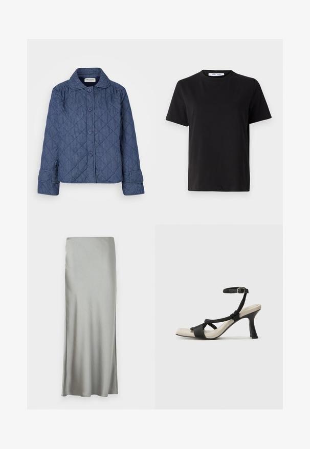 Tumed esimene sinine tikanditega jakk, millel on vertikaalsed valged triibud, krae, seitse nööpi ja mansetid.; Must have lühikeste varrukatega t-särk, mis on valmistatud pehmest puuvillast, ümmarguse kaelusega, lõdva sobivusega ja sileda tekstuuriga. Ei ole nähtavaid mustreid ega graafikat.; Helehall, satiinist maxi-seelik sileda tekstuuriga ja külgsuuga, disainitud sirge lõikega voolava silueti jaoks.; Mustad musta kontsaga sandaal, millel on punutud rihma disain, ruudukujuline varvas ja reguleeritav pahkluu rihm. Heleda beeži värvi jalapadi ja läikiv must konts.