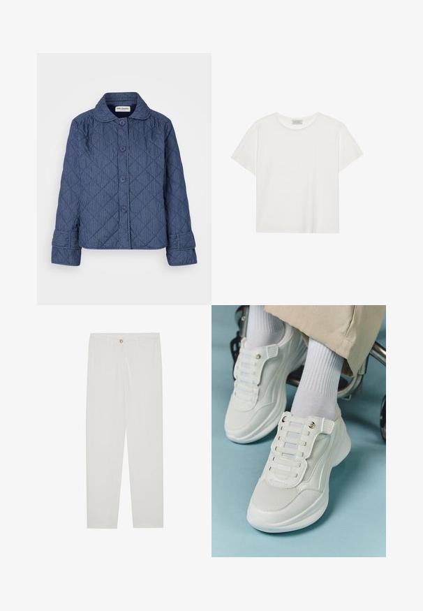Quiltet jakke i mørkeblå med vertikale hvite striper, med krage, syv knapper og mansjetter.; Hvit T-skjorte med kort erm laget av myk bomull. Har rund hals og avslappet passform. Rent design uten synlige mønstre eller aksenter.; Hvite, skreddersydde bukser med rette ben, med knapplukking, beltehemper og sidelommer; glatt tekstur.; Hvite sneakers med mesh-materiale, gummisåle, snøret design uten laces og elastiske bånd, samt gulltone detaljer.