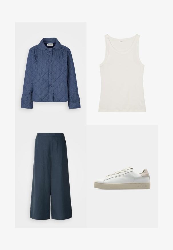 Sötétkék steppelt kabát függőleges fehér csíkokkal, gallérral, hét gombbal és hajtókás ujjal.; Fehér pamut ujjatlan felső széles nyakkivágással és vékony pántokkal. Sima felület, látható minták vagy díszítések nélkül.; Sötétkék, bőszárú nadrág könnyű anyagból. Enyhén texturált felülettel, rugalmas derékkal és elülső varratokkal rendelkezik.; Fehér bőr sportcipő sima felülettel, bézs velúr díszítéssel, kerek orrrésszel, lapos fűzős kivitelben, és mintás gumitalppal.