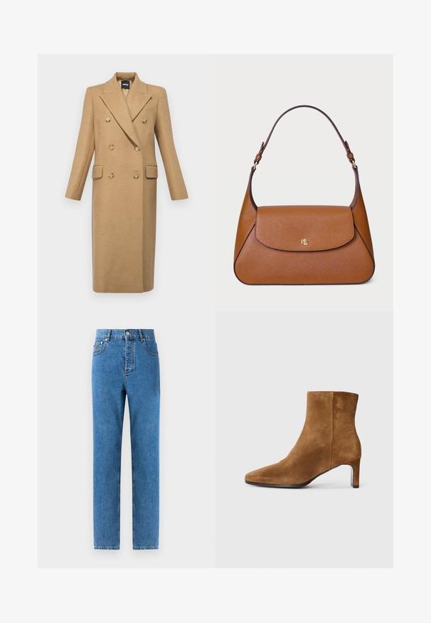 BOSS CALLAF - Cappotto classico - medium beige; Maglione beige a collo alto realizzato in morbido tessuto a maglia, con maniche lunghe e un logo del marchio discreto sul petto. Polsini e orlo a coste.; Jeans in denim di un blu medio con taglio dritto, cinque tasche, chiusura con bottone e leggera scoloritura sul tessuto per una variazione di texture sottile.; Stivaletto in camoscio marrone con punta affusolata e tacco medio sottile, vista laterale su sfondo bianco uniforme.; Borsa a tracolla in pelle marrone con un design strutturato, una patta superiore piatta e una sola tracolla curva. Presenta finiture dorate con logo impresso.