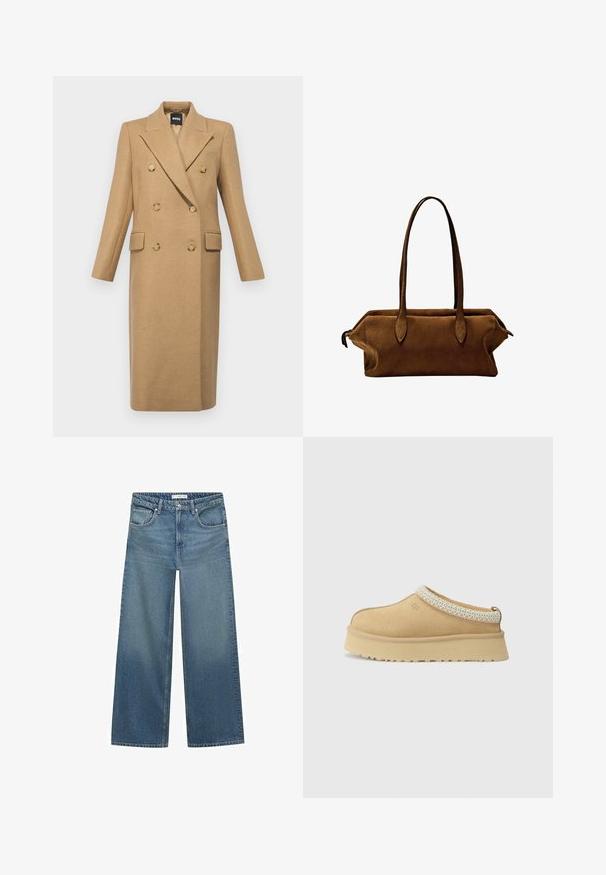 BOSS CALLAF - Klassischer Mantel - medium beige; Zwei Tanktops: eines in Dunkelbraun mit gerippter Textur und breiten Trägern, das andere in Cremefarbe, glattes Material mit ähnlichem Design.; Helleblaue weit geschnittene Jeans aus Denim mit mittelhoher Taille, zwei Fronttaschen und klassischen Nähten.; Beige Wildleder Slipper mit gepolstertem Kragen und strukturiertem hellblauen Akzent. Verfügt über eine dicke, strapazierfähige Außensohle mit gemusterter Profilierung.; Braune Wildleder-Handtasche mit doppelten Griffen, rechteckiger Form, Reißverschluss und gesteppten Details; glatte Textur, minimalistisches Design.
