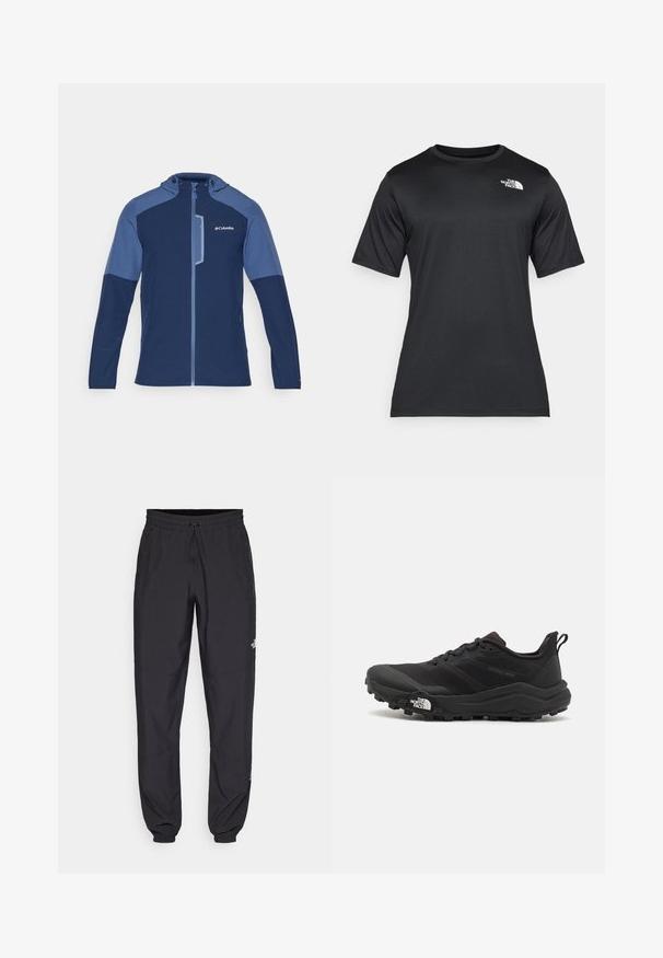 Columbia COLUMBIA TECH™ SOFTSHELL HOODIE - Veste softshell - collegiate navy; T-shirt noir à manches courtes en tissu léger et évacuant l'humidité. Présente un logo blanc sur la poitrine gauche et un col rond.; Pantalon de sport noir en tissu léger, avec une taille à cordon, des poches latérales et des chevilles resserrées.; Chaussure de trail running noire avec une tige texturée, semelle en caoutchouc et bout renforcé. Présente un col rembourré et une tirette pour un enfilage facile.