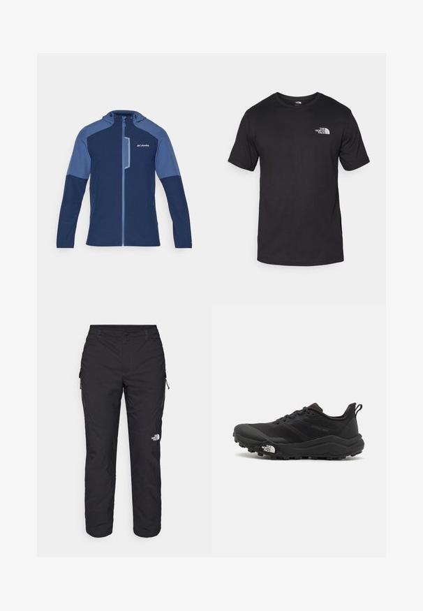 Columbia COLUMBIA TECH™ SOFTSHELL HOODIE - Softshelljakke - collegiate navy; Svart kortermet t-skjorte laget av bomull, med rund hals og en liten hvit logo på øvre venstre brystområde.; The North Face WINTER EXPLORATION TAPERED CARGO - Friluftsbukser - black; Svart terrengløpesko med teksturert overdel, gummisåle og forsterket tåhette. Har polstret krage og løftestropp for enkel påkledning.