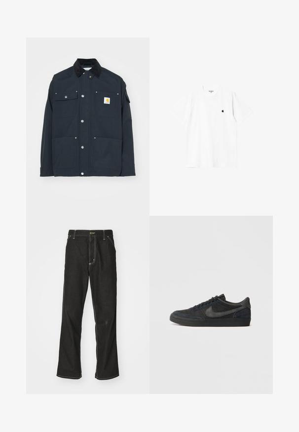 Tumesinine jakk, millel on korduroyst krae, nupud ja neli taskut. Vasakul rinnal on kollane logopatch. Vastupidav kangas, struktureeritud disain.; Valge puuvillane T-särk lühikeste varrukatega, ümmarguse kaelusega ja väikese musta logoga vasakul rinnal. Pehme tekstuur ja standardne lõige.; Mustadest denimist püksid, lahtise lõikega, kontrastsete valgete õmblustega, nööbiga kinnitamine ja sirge säär.; Mustad seemised tennisetossud madala profiiliga, kummist välispind, tekstuuriga külgpaneelid ja ühetoneeline Nike swoosh logo. Sidumisosa ees, pehme kaelus.