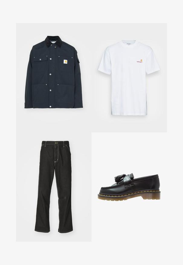 Námornícka modrá bunda s jemným golierom z cordu, zapínanie na sklopné gombíky a štyri vrecká. Na ľavej hrudi je umiestnená žltá nášivka s logom. Odolný materiál, štruktúrovaný dizajn.; Biala bavlnená tričko s krátkymi rukávmi. Navrhnuté s malým oranžovým a vínovým logom na ľavej strane hrude. Obsahuje klasický crew neck.; Čierne denimové nohavice s voľným strihom, s kontrastným bielym prešívaním, uzáverom na gombík a rovnými nohavicami.; Čierne kožené mokasíny s textúrovaným povrchom, so zdobnou strapcovou aplikáciou a kontrastným žltým prešívaním, na masívnej priehľadnej podrážke.