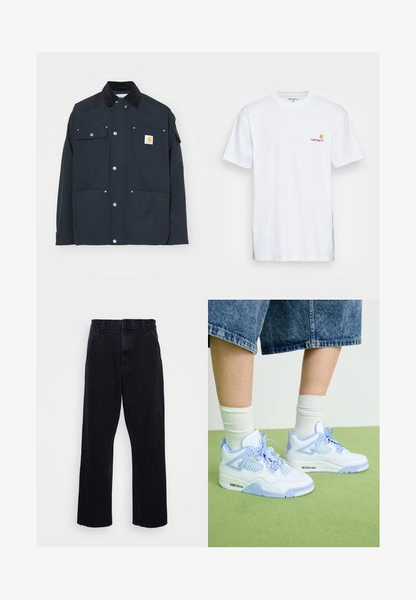Marineblauwe jas met een corduroy kraag, drukknopen en vier zakken. Beschikt over een gele logo patch op de linkerkant van de borst. Duurzaam materiaal, gestructureerd ontwerp.; Witte katoenen t-shirt met korte mouwen. Ontworpen met een klein oranje en kastanjebruin logo op de linkerkant van de borst. Heeft een klassieke ronde hals.; Zwarte denim broek met een rechte pijpdesign, voorzien van een knoop- en ritssluiting, riemlussen en minimale stikdetails.; Witte en lichtblauwe sneakers met gaasaccenten, een ronde neus, veters en een luchtkusseneenheid, gecombineerd met witte geribde sokken en denim short.