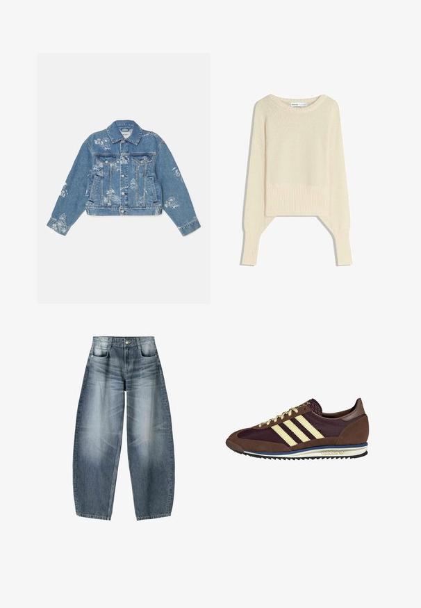 Denim jacket in light blue with white printed graphics, long sleeves, classic collar, button closure, and two front pockets.; Light beige cropped sweater, made with a soft knit fabric, features a wide neckline, drop shoulders, and ribbed cuffs and hem.; Wide-leg jeans made of light blue denim with fading, featuring a five-pocket design, button fly, and minimal stitching details.; Brown and burgundy sneaker with suede and mesh materials, featuring three cream stripes, textured fabric on the tongue, and a rubber sole.