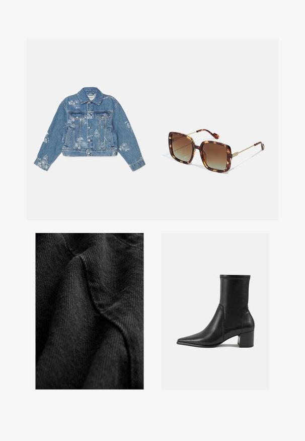 Giacca di jeans di colore azzurro chiaro con grafiche stampate bianche, maniche lunghe, colletto classico, chiusura con bottoni e due tasche frontali.; Maglione a collo alto nero con maniche lunghe, realizzato in un tessuto a maglia liscia. Presenta un corpetto attillato e polsini e orlo a costine.; Tessuto nero testurizzato con un motivo intrecciato, mostrando linee morbide e lisce e una leggera lucentezza, disposto in modo da evidenziare contorni e profondità.; Stivale alla caviglia nero in pelle liscia, con punta appuntita, tacco a blocco e cuciture raccolte distintive lungo il bordo superiore.; Occhiali da sole tortoise brown con forma quadrata, lenti sfumate e dettagli in metallo dorato sulle aste e sui templi. Superficie texturizzata.; Borsa a tracolla in pelle nera con un design curvo, dotata di una chiusura in metallo dorato e logo in rilievo sulla parte anteriore. Superficie testurizzata.