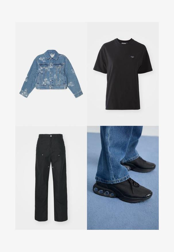 Jasnoniebieska kurtka dżinsowa z białymi nadrukowanymi grafikami, długie rękawy, klasyczny kołnierzyk, zapięcie na guziki oraz dwie przednie kieszenie.; Czarny bawełniany t-shirt z okrągłym dekoltem, krótkimi rękawami i małym serduszkowym logo w górnym lewym rogu. Gładka tekstura, luźny krój.; Czarne spodnie o prostym kroju, wykonane z fakturowanej tkaniny. Zawierają dekoracyjne srebrne akcenty oraz unikalne detale szwów.; Czarne sportowe sneakersy z siateczkową cholewką, teksturowanymi akcentami i widocznymi poduszkami powietrznymi w podeszwie. Noszone z niebieskimi dżinsami.