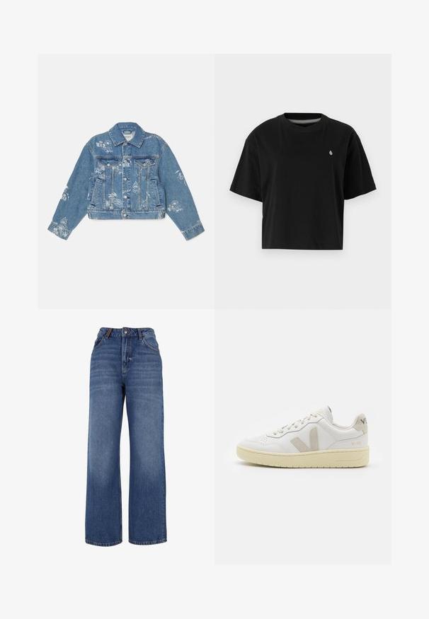 Jeans jakna svijetloplave boje s bijelim tiskanim grafikonima, dugim rukavima, klasičnom kragnom, kopčanjem na gumbi i dva prednja džepa.; Crna skraćena majica od pamuka, sa kratkim rukavima, okruglim izrezom i malim bijelim logom na lijevoj strani prsnog koša.; Široke traperice od srednje teškog plavog pamučnog platna. Sadrži klasični dizajn s pet džepova i zatvaranje na munju s dugmetom.; Bijele kožne tenisice s bež nubuk naglascima, perforiranim prednjim dijelom, ravnim čipkama i teksturiranom kremastom potplatom. Sadrži suptilni brend na pete.