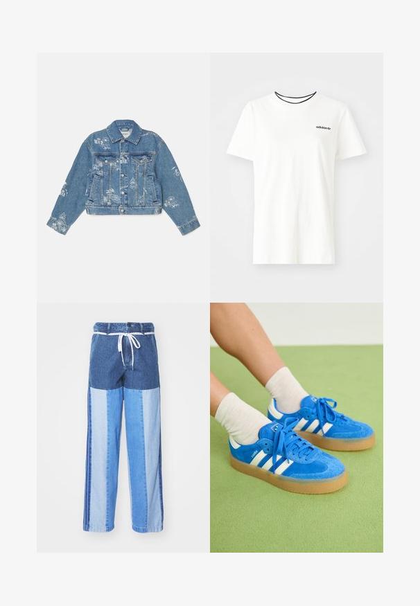 Hele sinine teksajakk valgete trükitud graafikatega, pikad varrukad, klassikaline krae, nupuväärist ning kaks eesmist taskut.; Valge puuvillasest t-särgist lühikeste varrukatega ja ümarate kaelustega. Rinnal on must Adidas'i logo ning kontrastne must sisekaelus.; Sinised teksapüksid, millel on erinevatest sinistest toonidest kokku õmmeldud mustriga, paelavöö ja laiad, sirged sääred.; Sinine nubukist sneakerite jalanõud valgete triipudega, kummist talla, ümarate varvaste ja kangast paeltega. Kombineeritud kreemivärvi sokkidega rohelisel pinnal.