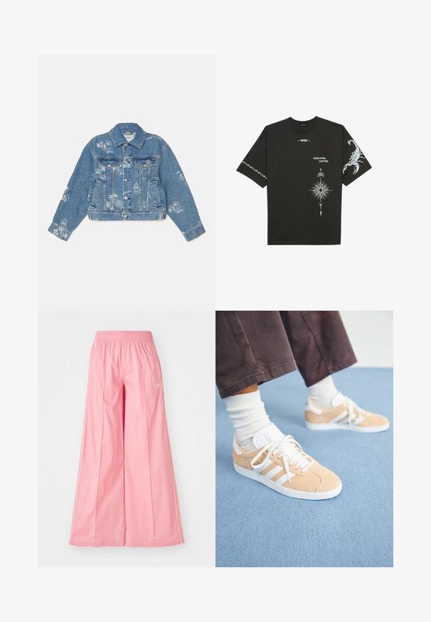 Džínová bunda ve světlé modré barvě s bílými tištěnými grafikami, dlouhými rukávy, klasickým límcem, zapínáním na knoflíky a dvěma předními kapsami.; Černé bavlněné tričko s bílými grafickými potisky, včetně štíra a abstraktních vzorů. Krátké rukávy; kulatý výstřih.; Růžové kalhoty s volnými nohavicemi vyrobené z lehké látky, s elastickým pasem a jemnými bílými bočními pruhy. Malé logo na přední straně.; Béžové semišové tenisky s bílými akcenty, se třemi pruhy, kulatou špičkou a strukturální podrážkou; v kombinaci s bílými vysokými ponožkami.