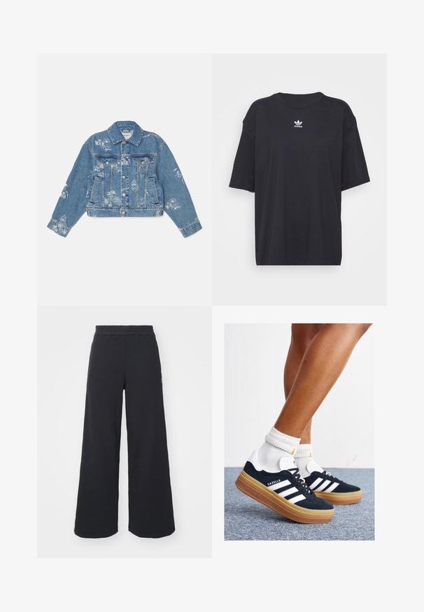 Denim jacket in light blue with white printed graphics, long sleeves, classic collar, button closure, and two front pockets.; Black cotton t-shirt with short sleeves, round neckline, features a white Adidas logo on the chest. Simple design, relaxed fit.; Black wide-leg sweatpants made from soft fabric, featuring an elastic waistband and a small logo on the left side.; Black suede sneakers with white stripes and accents, rounded toe, gum rubber outsole, paired with white ribbed crew socks.