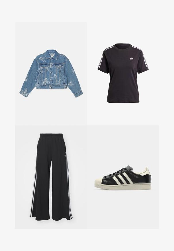 Gaiši zila džinsu jaka ar baltām drukātām grafikām, garām piedurknēm, klasisku apkakli, pogu aizdari un divām priekšējām kabatām.; Melna kokvilnas t-krekls ar īsām piedurknēm un apaļu kakla izgriezumu, ar baltām svītrām uz pleciem un mazu baltu Adidas logo uz krūtīm.; Melnas plašas sporta bikses ar elastīgu jostasvietu, kurām ir baltas sānu svītras un izšūts logo kreisajā augšstilbā.; Melna ādas sporta apava ar baltām svītrām, gumijas purngala aizsardzību, melnām auklām un krēma krāsas zoli. Gluda tekstūra ar spīdīgu apdari.