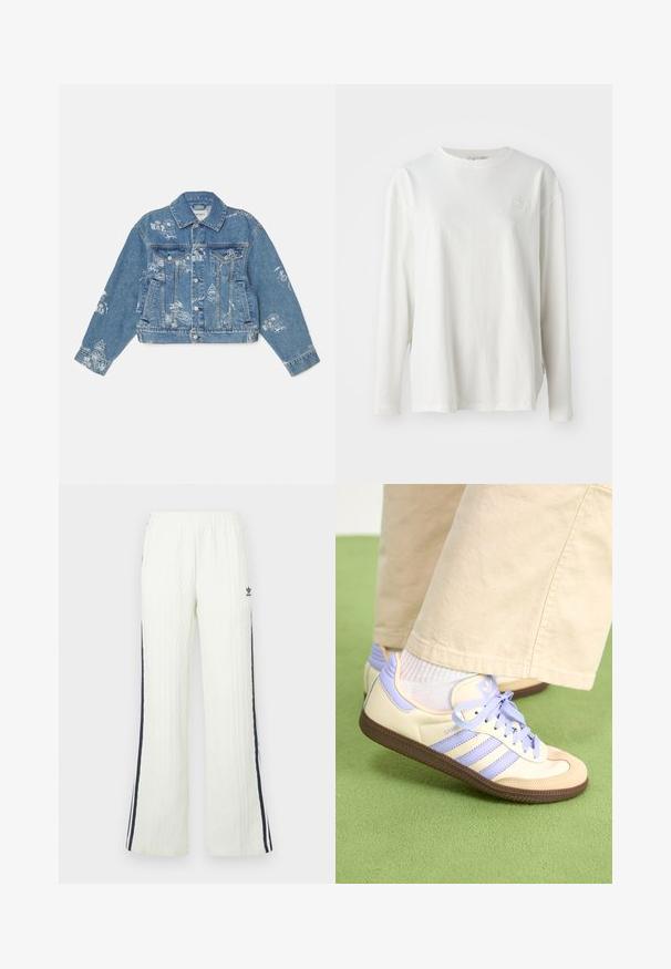 Chaqueta de mezclilla en azul claro con gráficos impresos en blanco, mangas largas, cuello clásico, cierre de botones y dos bolsillos frontales.; Camiseta blanca de manga larga hecha de algodón, con cuello redondo, hombros caídos y un sutil logo en el pecho. Textura suave.; Pantalones de color crema claro, de tejido de punto con diseño acampanado. Presentan franjas laterales en azul oscuro y un logo de Adidas en la cadera. Cintura elástica.; Zapatillas de crema y lavanda con tres rayas y una suela marrón texturizada, que cuentan con cordones y un talón acolchado. Parte superior de tela suave.