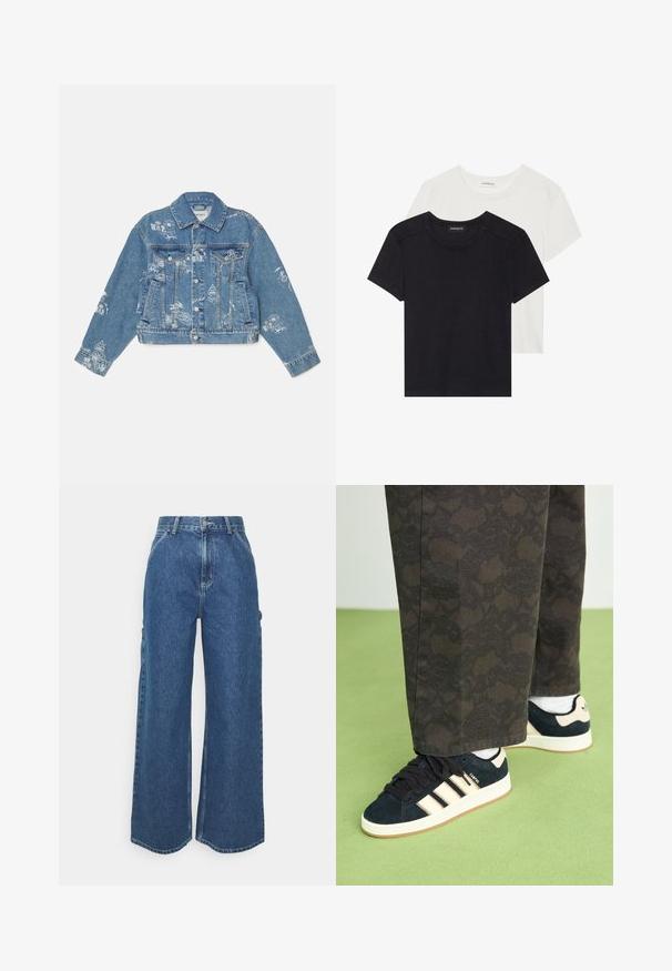 Jachetă din denim de culoare albastru deschis, cu grafică imprimată albă, mâneci lungi, guler clasic, închidere cu buton și două buzunare frontale.; Două tricouri cu mânecă scurtă, în negru și alb. Fabricate din bumbac moale, cu guler rotund și o croială standard, având detalii minime de cusătură.; Pantaloni din denim albastru cu talie înaltă și picioare largi, cu o cusătură contrastantă și buzunare laterale, având un design clasic cu cinci buzunare și margini brut.; Pantaloni negri cu model, asortați cu adidași din suède bleumarin, cu dungi crem și tălpi albe. Suprafațele prezentate sunt texturate și plate.