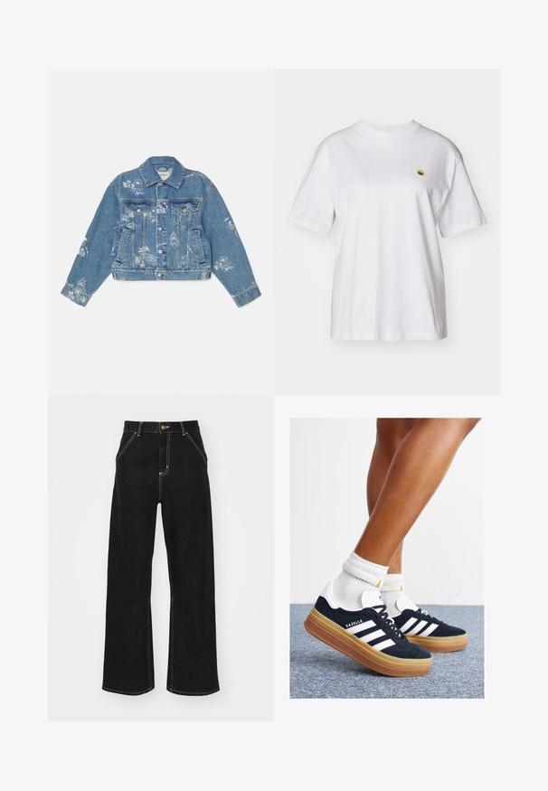 Jaqueta de ganga em azul claro com gráficos impressos em branco, mangas longas, colarinho clássico, fecho de botão e dois bolsos frontais.; T-shirt branca de algodão com um corte descontraído, mangas curtas e um pequeno logótipo bordado na área do peito esquerdo.; Calças de ganga largas pretas, com costuras brancas em contraste e fecho frontal com botão, apresentando dois bolsos frontais inclinados.; Ténis de camurça preta com riscas e detalhes brancos, biqueira arredondada, sola em borracha cor de goma, combinados com meias brancas caneladas até à altura do tornozelo.