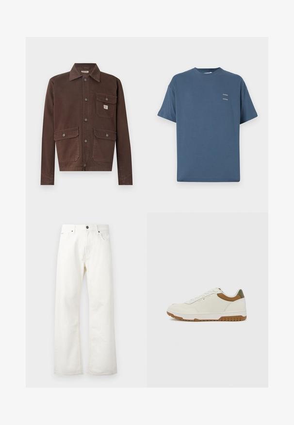 Brown, long-sleeve jacket made of durable fabric. Features a collar, button front, and two chest pockets with flaps. Smooth texture.; Blue cotton t-shirt with a classic crew neck, short sleeves, relaxed fit, and two small printed logos on the chest. Smooth texture.; White flared jeans made of denim, featuring a standard waistband, front pockets, and a button closure. Textured fabric with a clean finish.; Tommy Hilfiger BASKET CORE - Trainers - ecru/army green