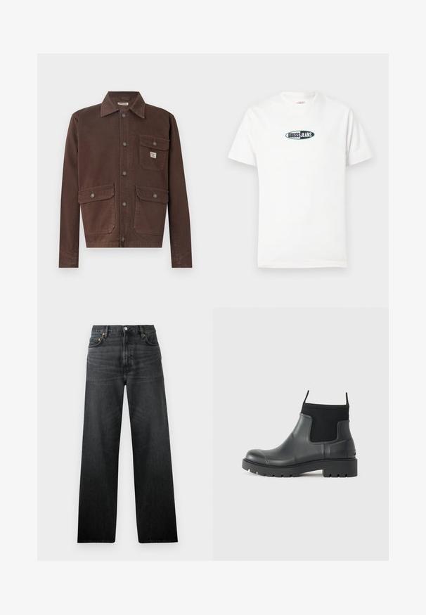 Casaco castanho de manga longa feito de tecido durável. Apresenta um colarinho, fecho de botão na frente e dois bolsos no peito com abas. Textura suave.; T-shirt branca de algodão com mangas curtas e decote redondo. Apresenta um logótipo bordado ao centro com a inscrição "GUESS JEANS".; Jeans de ganga preta com um design de perna reta, apresentando cinco bolsos e um fecho de botão. O tecido tem um ligeiro brilho e uma textura visível.; Botas de tornozelo pretas feitas de borracha com um acabamento mate, apresentando um design elegante, painéis elásticos e uma sola grossa para tração.