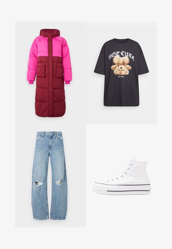 Hüvelyes kabát kapucnival, színblokkolt dizájnnal, élénk rózsaszín és bordó színekben, két elülső zsebbel és elasztikus mandzsettával, texturált anyagból készült.; Fekete, oversized póló, rajta egy medvével és a "NEM CUKI, HANEM FÉKTELEN" felirattal vastag, fehér betűkkel. Pamut anyag.; Világoskék, magas derekú farmernadrág. Széles lábakkal, két szakadt térddel és klasszikus öt zsebes dizájnnal rendelkezik.; Fehér magaskorsó vászon sportcipő fekete gumi talppal, elülső gumi orrnyereggel és hat fűzőlyukkal, letisztult, minimalista dizájnnal.