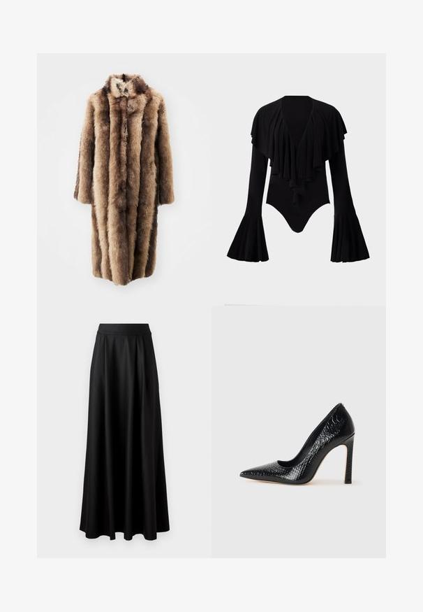 Et Ochs EXCLUSIVE LONG COAT - Casaco de inverno - brown; Body preto de manga longa com decote V profundo, design em camadas de babados na zona do peito e mangas balão. Tecido liso e elástico.; Saia preta, até ao chão, com uma textura suave, faixa larga na cintura e design plissado, apresentando nenhum padrão ou adornos visíveis.; Sapato de salto alto de bico fino preto com textura de pele de crocodilo, apresentando um design elegante, salto agulha alto e interior preto suave.