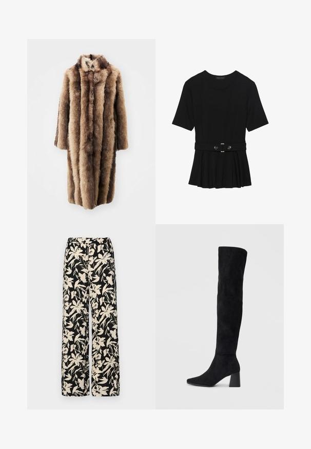 Et Ochs EXCLUSIVE LONG COAT - Χειμωνιάτικο παλτό - brown; Μαύρη κοντομάνικη μπλούζα από λεία ύφανση, με σχέδιο peplum και ζωνάκι στη μέση, διακοσμημένο με δύο στρογγυρά, ασημί κουμπιά.; Μαύρο παντελόνι με φαρδιά πόδια και κρεμ σχέδιο λουλουδιών. Κατασκευασμένο από ελαφρύ ύφασμα, με μαλακή υφή και ψηλή μέση.; Μαύρη σουέντ μπότες μέχρι το γόνατο με χοντρό τακούνι, μυτερή μύτη και λείο, χωρίς ραφές σχέδιο, σε απλό ανοιχτό φόντο.