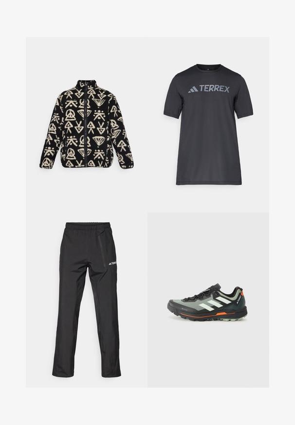 Czarna polarowa kurtka z białymi abstrakcyjnymi wzorami, wysokim kołnierzem i pełnym zamkiem błyskawicznym. Miękka tekstura z kontrastującymi kolorami i wzorami.; Czarny t-shirt z krótkim rękawem wykonany z lekkiego materiału, z jasnoszarym logo "TERREX" na piersi oraz okrągłym dekoltem.; Czarne lekkie spodnie outdoorowe z elastycznym pasem, kieszeniami na suwak i nadrukowanym logo. Gładka faktura i prosty krój nogawek.; Wielozadaniowe buty do biegania szlakowego o lekkiej konstrukcji z siateczkową górą w odcieniach szaro-czarnych, pomarańczowymi akcentami i wytrzymałą podeszwą zapewniającą przyczepność. Wodoodporna podszewka Gore-Tex.