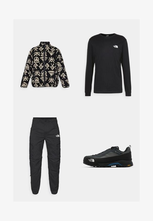 Giacca in pile nera con motivi astratti bianchi, colletto alto e zip frontale completa. Texture morbida con colori e design a contrasto.; T-shirt a maniche lunghe nera in cotone, con un logo bianco sul lato sinistro del petto e polsini a costine. Texture liscia con scollatura a girocollo.; The North Face EXPLORATION TAPERED CONVERTIBLE - Pantaloni outdoor - black; The North Face VERTO ALPINE GORE TEX - Scarpa da hiking - asphalt grey/tnf black