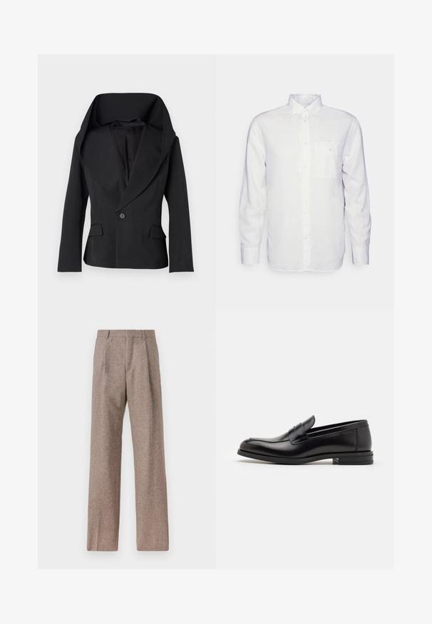 Czarna marynarka z dużym, wiszącym kołnierzem, zapinana na jeden guzik, z dwiema przednimi kieszeniami. Posiada dopasowany krój i gładką teksturę materiału.; Biała koszula z długim rękawem wykonana z bawełny, z kołnierzykiem zapinanym na guziki, przednią kieszenią i regularnym krojem. Teksturowana tkanina o gładkiej powierzchni.; Brązowe, wysokiej talii spodnie wykonane z teksturowanej tkaniny. Posiadają szerokie nogawki i dwa przednie zakładki dla lepszej struktury. Starannie wykończone, bez widocznych elementów metalowych.; Czarne skórzane mokasyny o gładkiej fakturze, zaokrąglonym nosku i dekoracyjnym pasku na przodzie. Niski, warstwowy obcas, minimalistyczny design.