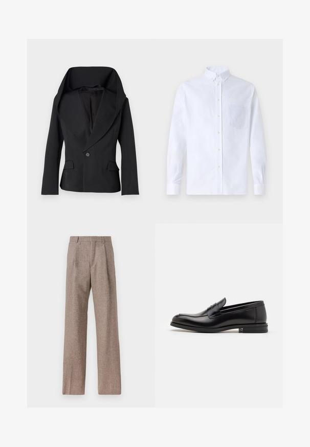 Črn sako z velikim, nagibnim ovratnikom, enojnim gumbom za zapiranje in dvema sprednjima žepoma. Ima prilegajoč kroj in gladko teksturo blaga.; Bela dolgo rukava srajca s kragnico, izdelana iz bombaža, z žepom na prsih in toniranimi vezeninami ter gumbi na manšetah.; Rjave hlače z visokim pasom, izdelane iz teksturirane tkanine. Imajo široke noge in dve sprednji pregibi za strukturo. Urejen zaključek brez vidne strojne opreme.; Črne usnjene loafer čevlje z gladko teksturo, zaobljenim nosom in dekorativnim trakom čez zgornji del. Nizka zložena peta, minimalističen dizajn.