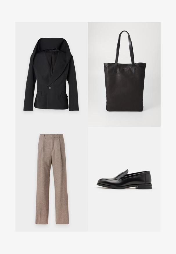 Svart blazer med en stor, draperad krage, enkel knappstängning och två framfickor. Har en skräddarsydd passform och en mjuk tygtextur.; Vit långärmad skjorta med knappar, tillverkad av bomull, med en bröstficka med ton-i-ton broderi, krage och knappmanchetter.; Bruna, högmidjade byxor i texturerat tyg. Har vida ben och två framvikningar för struktur. Välavslutad utan synlig hårdvara.; Svarta läderloafers med en slät yta, rund tå och ett dekorativt band över främre delen. Låg staplad klack, minimalistisk design.; Svart canvas toteväska med svarta läderhandtag. Enkel design, rymlig kropp och en slät textur. Inga synliga logotyper eller mönster.