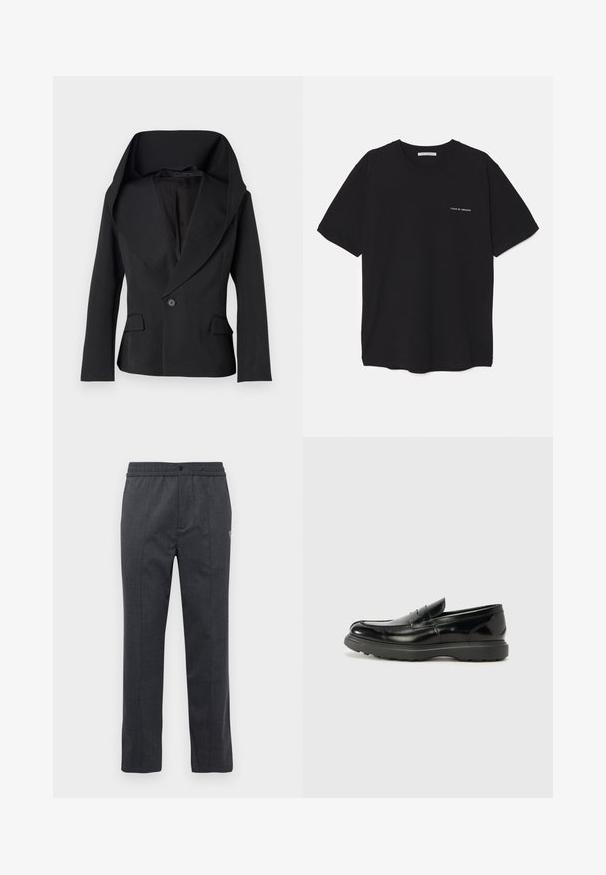 Zwarte blazer met een grote, gedrapeerde kraag, enkele knopen sluiting en twee zijzakken. Heeft een getailleerde pasvorm en een soepele stoftextuur.; Zwarte katoenen T-shirt met een ronde hals, korte mouwen en een witte logo-print op de linkerkant van de borst. Eenvoudig, effen kleur ontwerp.; Donkergrijze recht-toe-rechtdoor broek met elastische tailleband, sluiting met knoop aan de voorkant en subtiele geborduurde details aan de rechterzijde.; Zwarte leren instapper met een glanzende afwerking, een ronde neus, subtiele stiksels en een dikke rubberen zool voor duurzaamheid.