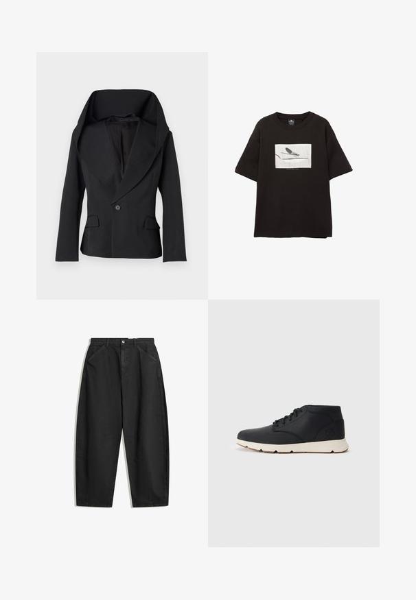 Črn sako z velikim, nagibnim ovratnikom, enojnim gumbom za zapiranje in dvema sprednjima žepoma. Ima prilegajoč kroj in gladko teksturo blaga.; Črna bombažna majica s kratkimi rokavi, ki ima belo pravokotno grafiko muhe na tanki črti, minimalno blagovno znamko pod sliko.; Črne široke hlače iz bombaža, ki imajo visok pas, sprednje žepke in diskretne šive. Gladka tekstura brez vzorcev.; Črne usnjene chukka čevlje z belo gumijasto podplato, z okroglimi vezalkami in stranskim logotipom, vtisnjenim na peti. Gladka tekstura skozi celotno površino.