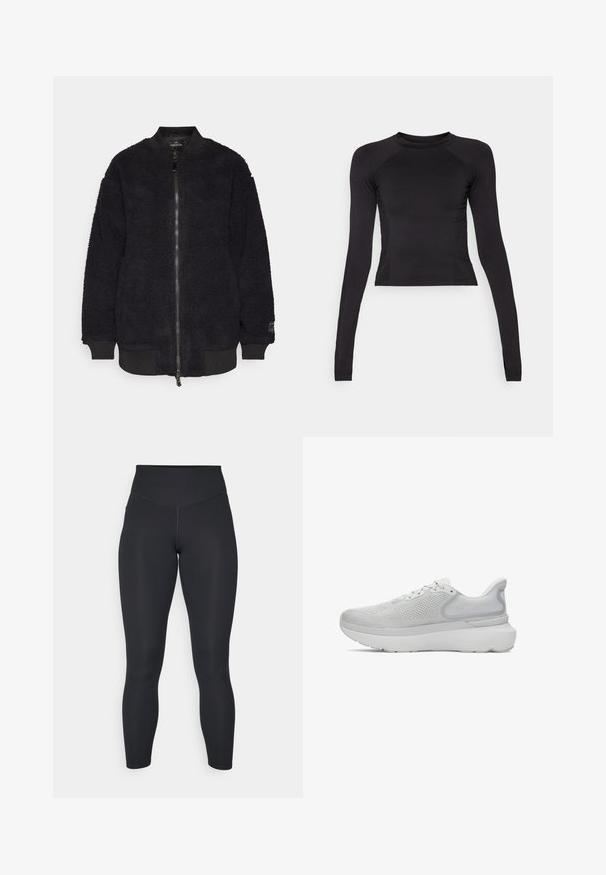 Čierna bomber bunda vyrobená z textúrovaného fleece s rebrovanými manžetami a spodným okrajom. Obsahuje predný zips a logo na rukáve.; Čierny dlhý rukáv crop top vyrobený z elastického materiálu, s okrúhlym výstrihom a raglánovými rukávmi so jemnými švom.; Čierne legíny s vysokým pásom, hladkou textúrou a priliehavým dizajnom. Majú ploché švy a plnú dĺžku pokrytia bez vzorov.; Svetlosivé atletické topánky s priedušným sieťovinovým zvrškom, zaoblenou špičkou, polstrovanou podrážkou a decentným logom na päte.