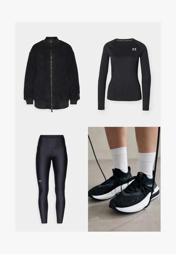 Czarna bomberka wykonana z teksturowanego polaru z prążkowanymi mankietami i dołem. Posiada zamek błyskawiczny z przodu oraz logo na rękawie.; Czarna, długosleeve'owa koszulka sportowa z gładkiego materiału, z okrągłym dekoltem i małym białym logo na lewej piersi.; Czarne legginsy wykonane z gładkiego, elastycznego materiału z wysokim stanem. Posiadają białe logo na lewym udzie oraz dopasowany krój.; Czarne buty sportowe z teksturowanym materiałem, białą podeszwą i czarnymi sznurowadłami. Nosi je osoba w białych skarpetkach w prążki, stojąca na jasnej powierzchni.