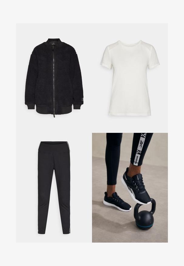 Fekete bombázó dzseki texturált bolyhos anyagból, bordás mandzsettákkal és hemírozott aljjal. Elöl cipzárral záródik, és logó található az ujjon.; Fehér, rövid ujjú póló puha anyagból, kerek nyakkivágással és laza szabással, sima, varrat nélküli vállrész kiemelésekkel.; Fekete leggings rugalmas anyagból. Magas derék, szűkített fazon, fehér oldalcsíkokkal a külső varrások mentén. Sima felület.; Fekete sportcipők, textúrával ellátott felsőrésszel, fehér talppal és szürke akcentusokkal, egy fekete kettlebellre helyezve, kék csíkkal, semleges háttér előtt.