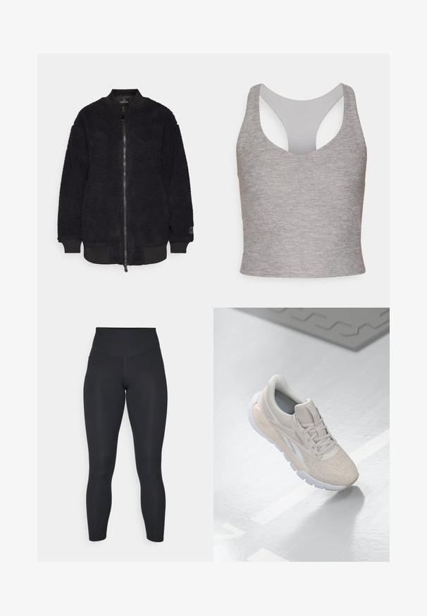 Veste bomber noire en polaire texturée avec des poignets et un ourlet côtelés. Équipée d'une fermeture éclair à l'avant et d'un logo sur la manche.; Crop top gris sans manches avec un large col rond et un dos découpé. Fabriqué en tissu doux et extensible avec une texture lisse.; Leggings noirs à taille haute, texture douce et coupe ajustée. Présentent des coutures plates et une couverture intégrale sans motifs.; Chaussure de sport beige clair avec une tige perforée, des accents texturés, un col rembourré et une semelle en caoutchouc blanche, conçue pour le confort et la respirabilité.