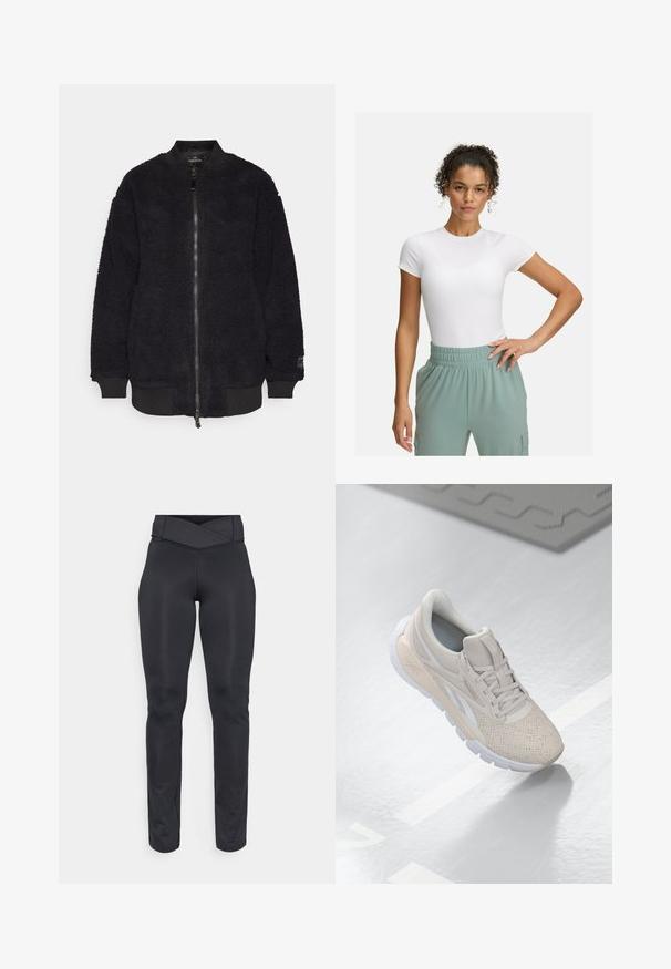 Melna bomber jaka, izgatavota no teksturēta vilnas, ar ribotām piedurknēm un apakšmalu. Iekļauj priekšējo rāvējslēdzēju un logotipu uz piedurknes.; Balta pieguļoša T-kreklā ar īsām piedurknēm, kombinēta ar gaiši zaļām elastīgām biksēm. Gluda tekstūra, minimālisma dizains, bez redzamām rakstainām detaļām.; Augstās jostas melnas sportiskās leginses ar krustveida jostasvīru un bezšuvju šauru piegriezumu, kas paredzētas vingrošanai vai ikdienas valkāšanai.; Gai bēša sporta apavi ar caurumiņiem augšdaļā, teksturētiem akcentiem, mīkstu apkakli un baltu gumijas zoli, kas paredzēti komfortam un gaisa caurlaidībai.