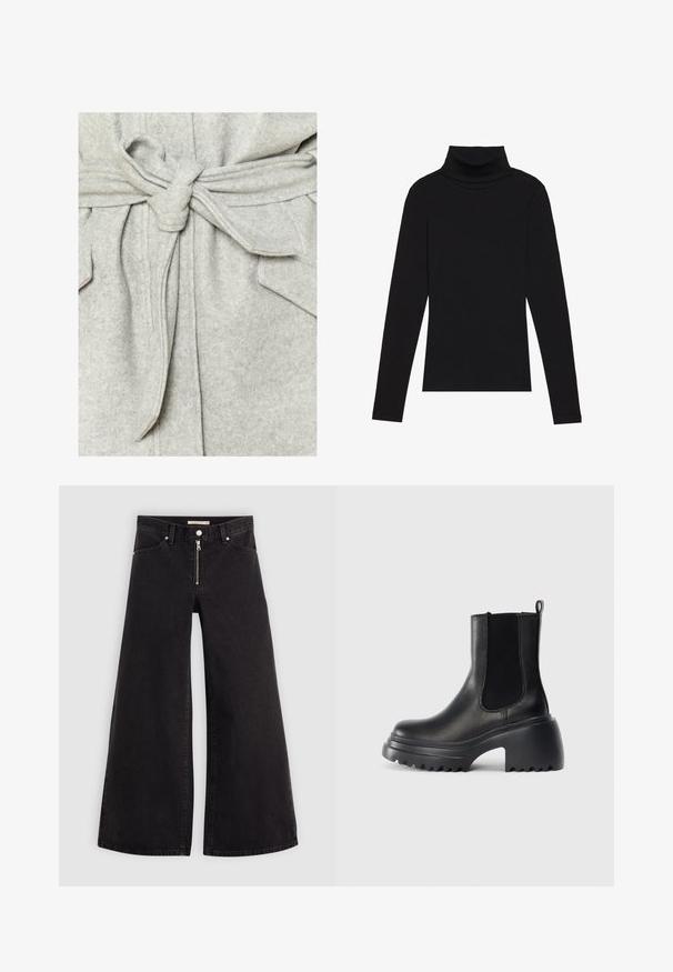 Harmaa kylpytakki, jossa on vyö ja kaksi etutaskua. Sen sileä pinta ja yksinkertainen kaulus yhdessä siistien reunojen kanssa parantavat sen muotoilua.; Musta poolalla pitkähihaisen pusero, joka on valmistettu ribbikankaasta, tarjoaa muotoilevan leikkauksen, jossa on korkea kaula-aukko eikä kuvioita tai koristeita.; Mustat leveälahkeiset farkut, joissa on vetoketjufrunti, viisi-taskuinen muotoilu ja hienovaraiset ompelusyyt. Sileä pinta ja rento tyyli.; Mustat nahkasaappaat nilkkamittaisilla elastisilla sivupaneeleilla, paksu chunky-pohja ja teksturoitu pito-ominaisuus ulkopohjassa. Minimalistinen muotoilu.