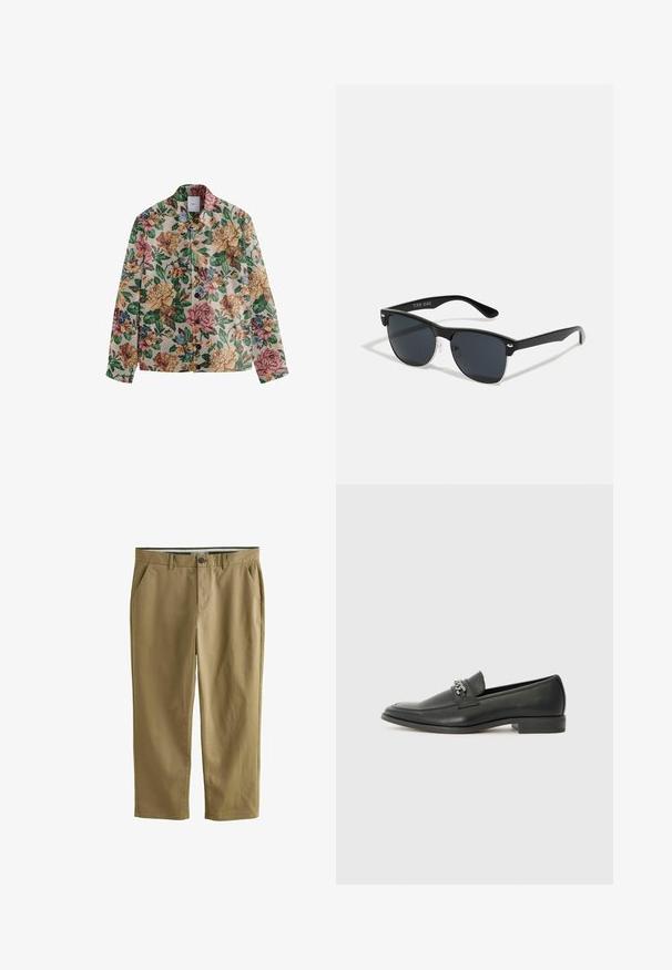 Next REGULAR FIT - Leichte Jacke - ecru cream; Cremfarbener T-Shirt mit kurzen Ärmeln, das über eine subtile gestreifte Textur und einen runden Ausschnitt verfügt, aus leichtem Stoff gefertigt.; Khakifarbene Chinos aus Baumwollmischung, mit zwei Seitentaschen, einem Knopfverschluss, geradem Bein und glatter Textur.; Schwarzer Lederloafer mit glatter Oberfläche, ausgestattet mit einer gesteppten Gestaltung und einem dekorativen Metallkettendetail über dem Vorderblatt. Flacher Absatz.; Schwarze Sonnenbrille mit rechteckiger Form, dunklen Gläsern, silbernen Akzenten an den Bügeln und mattierter Oberfläche des Rahmens.