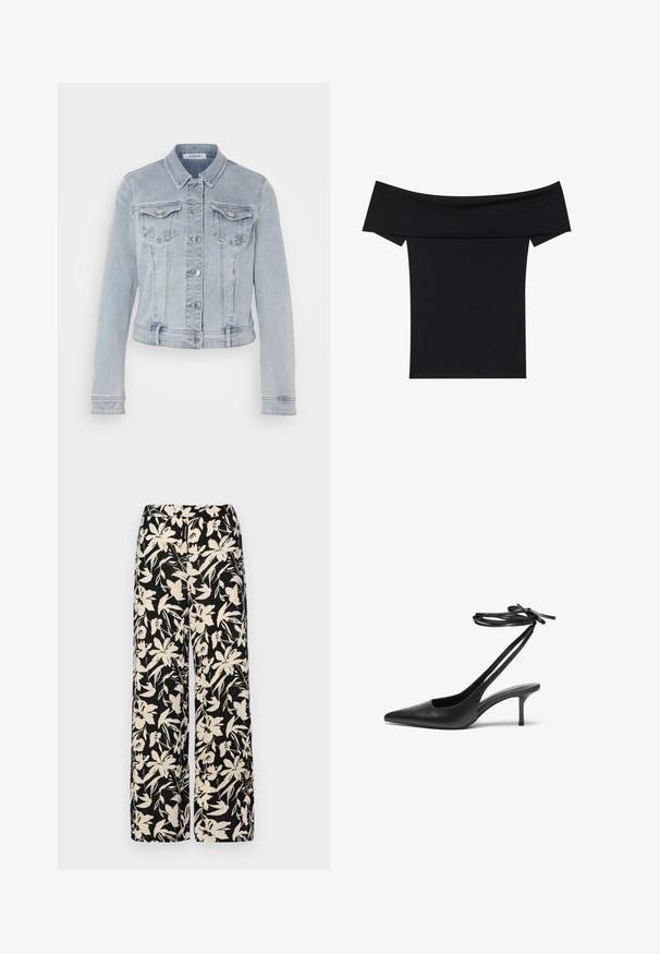 Svijetloplava traper jakna dugih rukava, s gumbima sprijeda, dva džepa na prsima i suptilnim izbljeđenim detaljima. Kratki dizajn naglašava siluetu.; Črna bluza brez naramnic, izdelana iz mehkega raztegljivega materiala. Ima kratke rokave in prilegajočo silhueto. Preprost, brezšiven dizajn.; Črne široke hlače z kremnim cvetličnim vzorcem. Narejene so iz lahkega blaga, ki ima gladko teksturo in visok pas.; Črne usnjene stiletto čevlje z ostrim nosom, odprtim hrbtom in zankami za gleženj, vezanimi v pentljo. Tanek 3-palčni pet. Gladka textura, minimalistična zasnova.